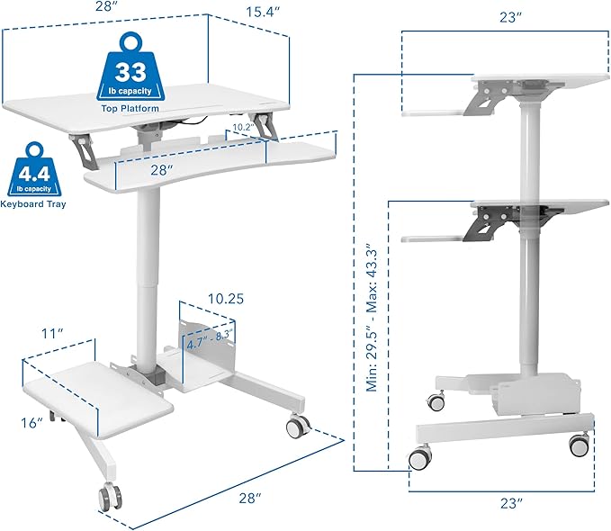 Mount-It! Mobile Rolling Small Table, Height Adjustable up to 43" Computer Desk with Wheels, Medical Nurse Hospital Workstation, Printer CPU Shelves, White Office Portable Computer Cart Keyboard Tray