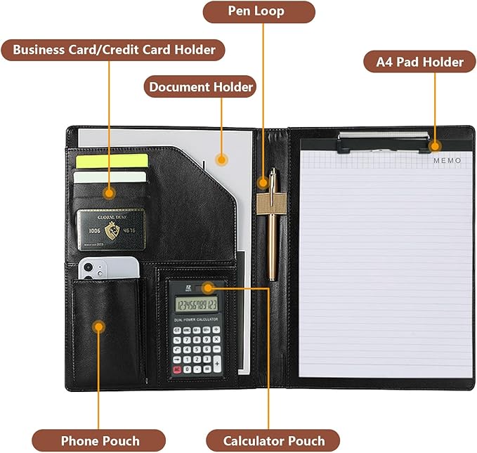 Personalized Padfolio - Customized Leather Portfolio with Logo or Text - Professional Business Portfolio with A4/US Letter Writing Pad Holder for Resumes and Interviews, Black