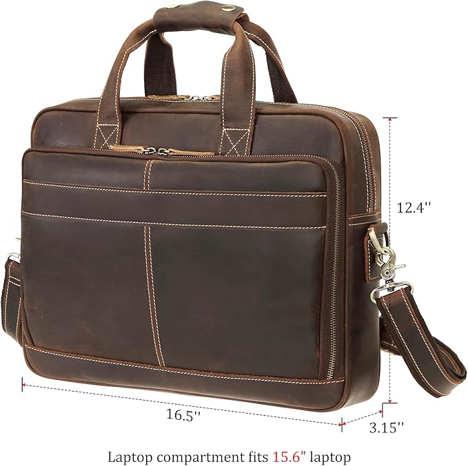 Polare Full Grain Leather 16.5'' Laptop Bag Briefcase for Men Business Messenger Work Bag Fits 15.6'' Laptop