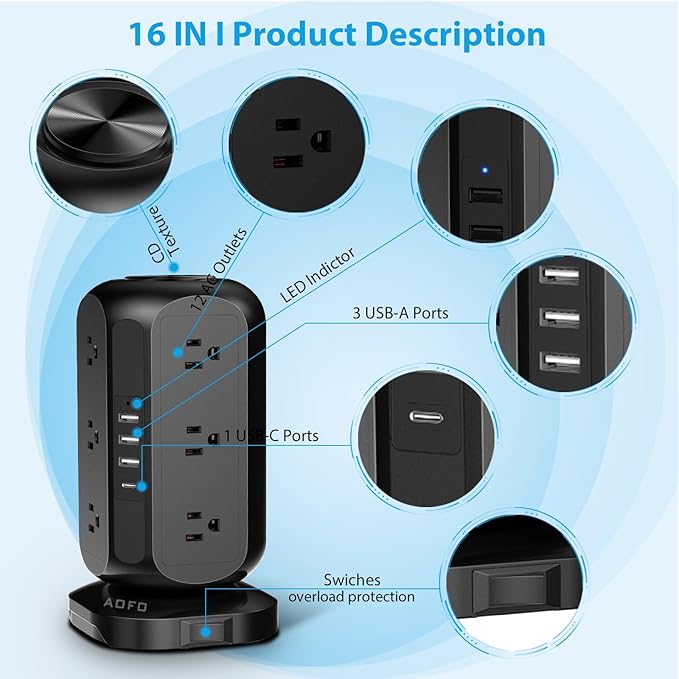Power Strip Tower AOFO Surge Protector 12 AC Outlets with 4 USB(1 USB C) Ports Charging Station with Overload Protection, Widely Spaced Multiple Outlets with 10Ft Extension Cord for Home,Dorm & Office
