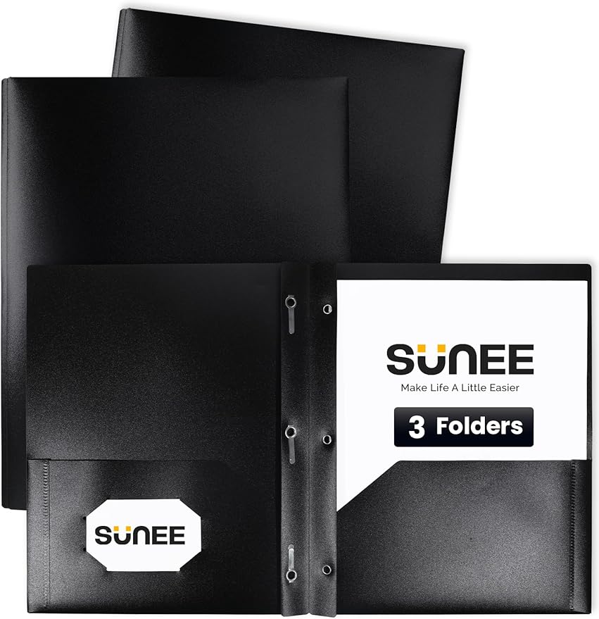 SUNEE 2 Pocket Folders with Prongs (3 Pack, Black) Plastic Folders with Pockets and Prongs Fit Letter Size, Poly Folders with Pockets for School Office Home Business