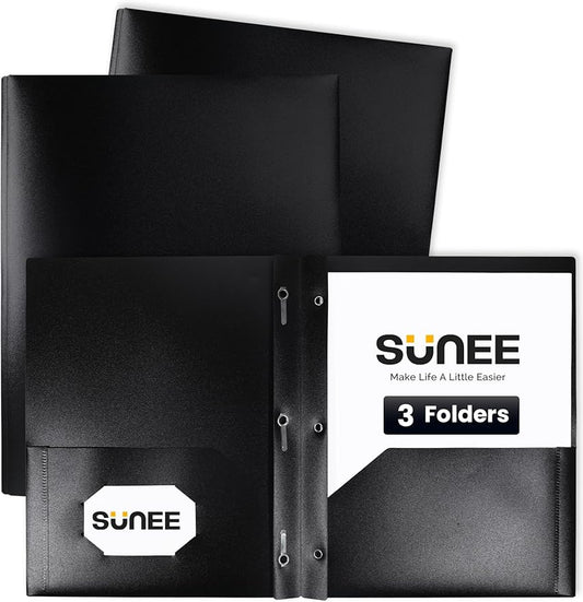 SUNEE 2 Pocket Folders with Prongs (3 Pack, Black) Plastic Folders with Pockets and Prongs Fit Letter Size, Poly Folders with Pockets for School Office Home Business