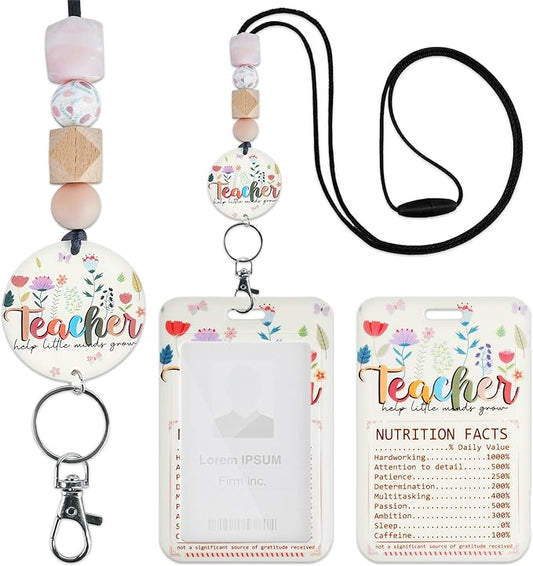 Teacher Lanyard with ID Holder, Floral Inspirational Quote Nutrition Facts Funny Badge Holder with Beaded Adjustable Lanyard, Gifts for Teachers