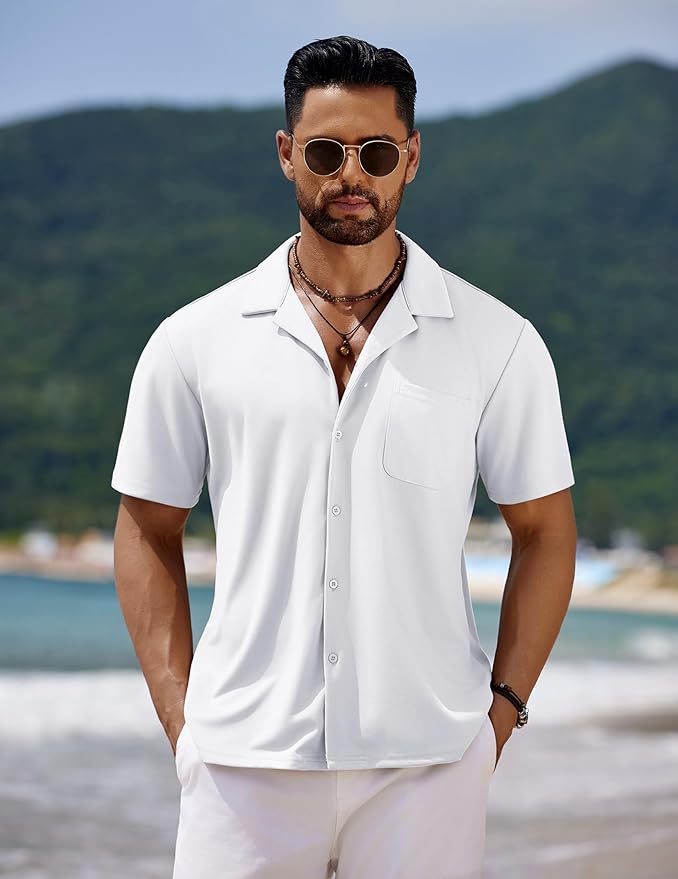 COOFANDY Men's Casual Cuban Guayabera Shirt Short Sleeve Button Down Shirts Summer Beach Shirts Vocation Vintage Shirts