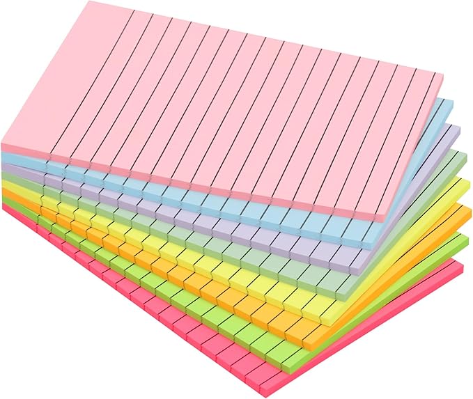 Lined Sticky Notes, 8 Pads, 4x6 inches Bright Sticky Note Pads with Lines, Colorful Self-Stick Note Pads, Perfect for Office Home School Desk Accessories, 35 Sheets/pad - Vibrant Colors