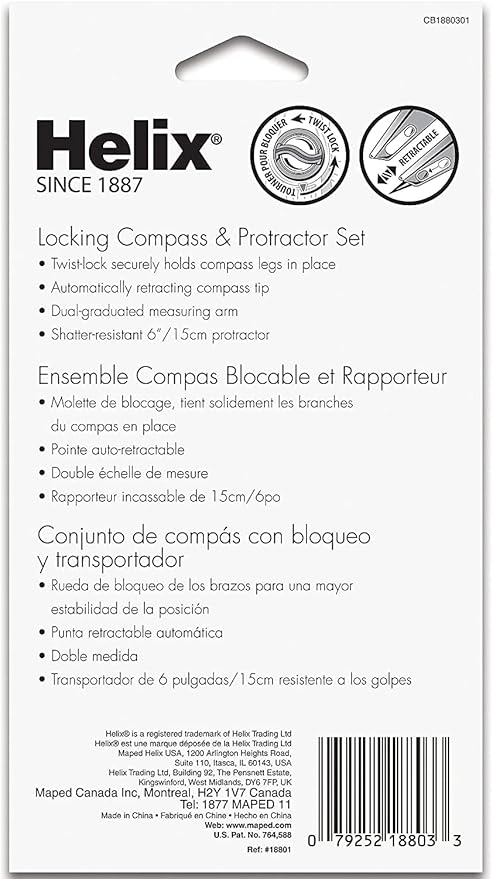 Helix - Plastic Locking Compass and Protractor - 2 Piece Set - Geometry, Drafting & Drawing