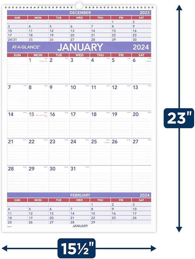 AT-A-GLANCE 2024 Wall Calendar, 15-1/2" x 22-3/4", Large, 3-Month, Wirebound (PM62824)