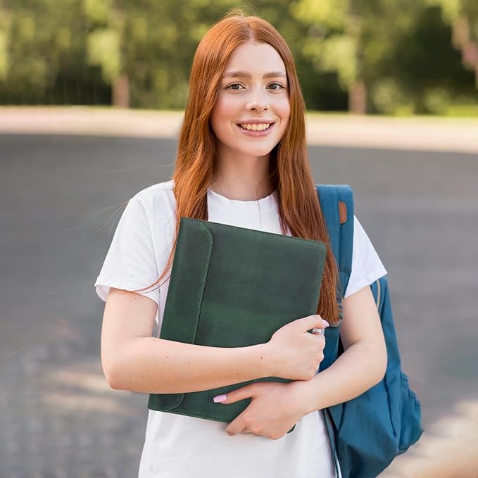 AZXCG Padfolio for Men, Leather Document Organizer with 3 Ring Binders, Legal Pad Resume Holder, Work Binder Folder, Zip Binders 3 Ring, Green, Gift for Men/Son