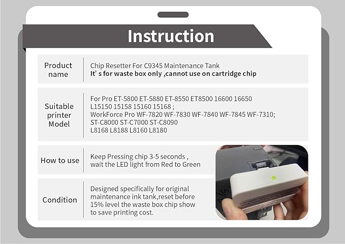 SsrPrint Replacement C9345 Waste Box Chip Resetter for Espon ET8550 ET8500 L15150 WF-7820 WF7840 WF-7310 ST-C8000 C7000 L8180 L8160 Printer