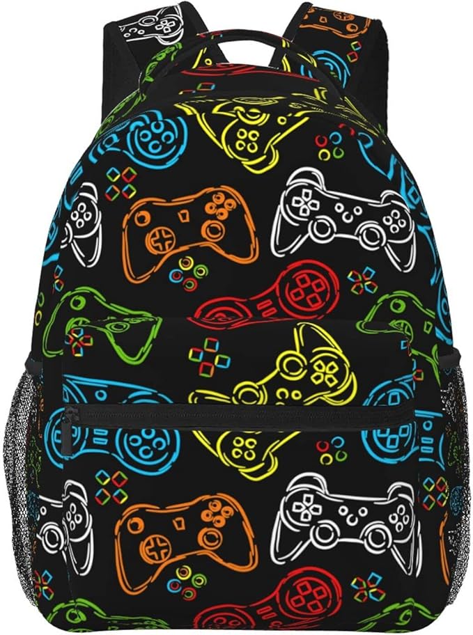 Fiokroo Game Joystick Colorful Silhouettes Backpack School Bag For Students Teens Men Women Laptop Backpacks Travel Daypack Bag With Multiple Pockets