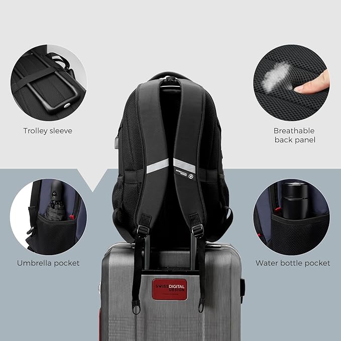 Swissdigital Design Large Business Laptop Backpack with Smart USB Charging Port, Travel Backpack Fits 15.6 inches laptops, Water Repellent College Backpack for Men Women (VECTOR SD803-12 Blue/Black)