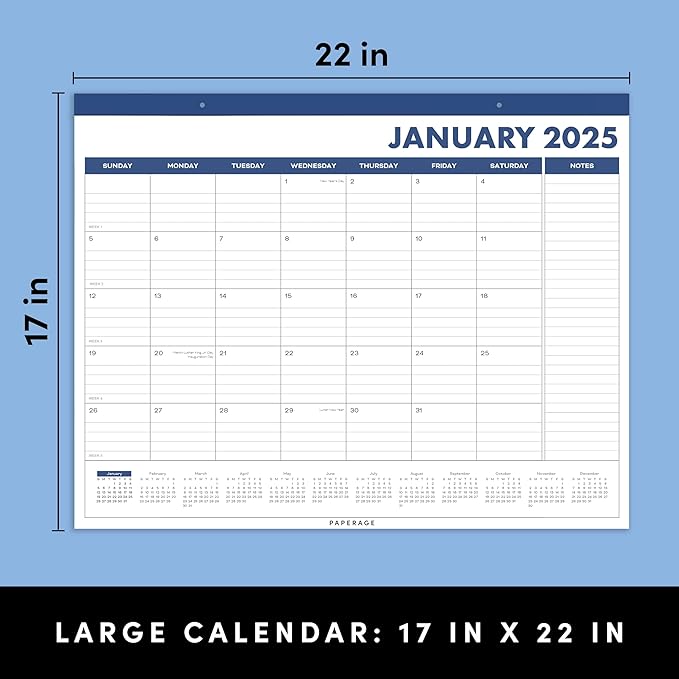 PAPERAGE Calendar 2025-12 Month (Navy), Minimalist Wall and Desk Calendar with Monthly Views and Yearly Plans – Large (17 in x 22 in)