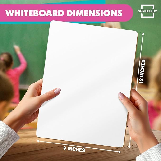 Set of 12 Small White Board Dry Erase Boards Classroom Pack Mini White Boards 9"x12” Double Sided Personal Whiteboards for Students Teachers School Supplies Lapboards l 12 Mini Whiteboard Erasers Incl