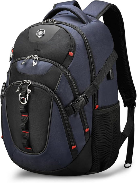 Swissdigital Design Large Business Laptop Backpack with Smart USB Charging Port, Travel Backpack Fits 15.6 inches laptops, Water Repellent College Backpack for Men Women (VECTOR SD803-12 Blue/Black)