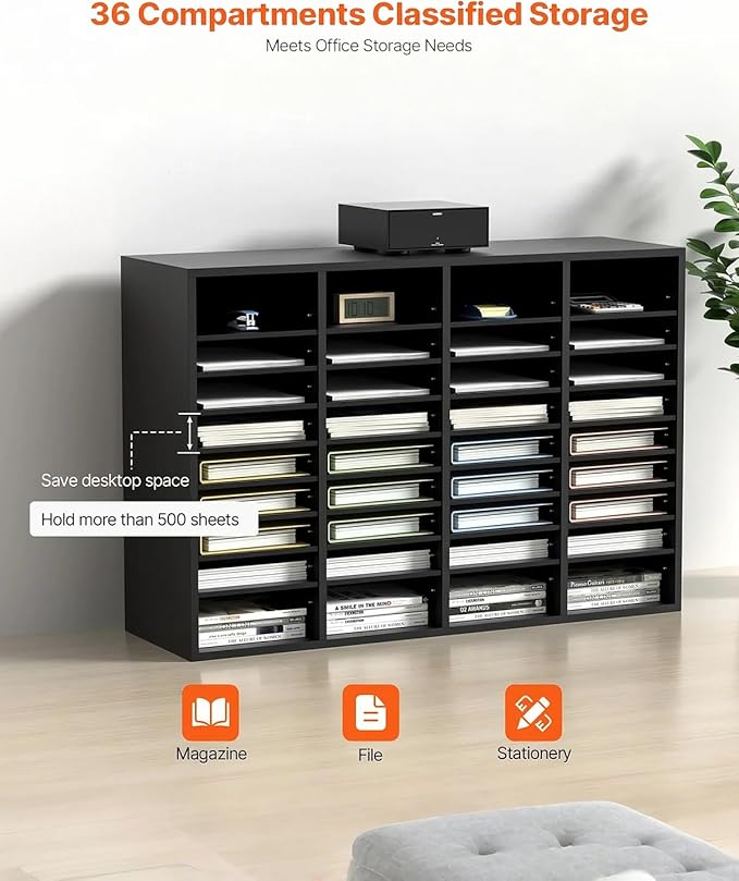 VEVOR Wood Literature Organizer, 36 Compartments, Mailboxes Slot with Removable Shelves, File Sorter for Office, Home, Classroom, or Mailrooms Organization, Black