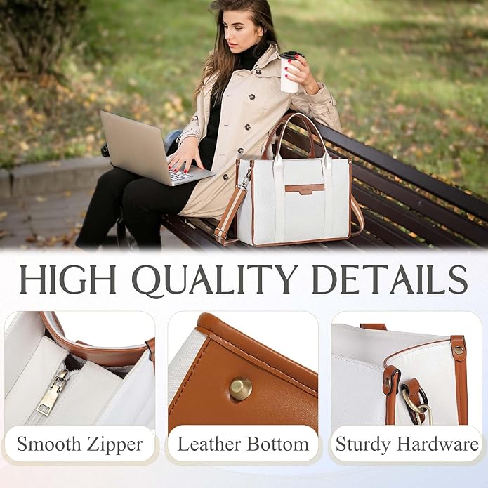 RAVUO Laptop Tote Bag Women, Water Resistant 15.6 Inch Large Canvas Handbag Business Briefcase With Detachable Shoulder Strap