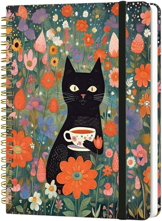 Spiral Notebook - A5 Spiral Notebooks, 8.3'' × 5.8'', 160 Pages, Aesthetic Journaling Notebooks for Women, College Lined Notebook with Elastic Closure, Back Pocket, for School Office, Cat flower