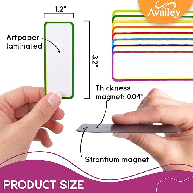 Availey 48 Pieces (3.2 x 1.2") - Colored Border Magnetic Dry Erase Labels - Reusable Strips for Classroom Home Office Garage Refrigerator Blank Writable Erasable Cards Name Tags Students Locker Shelf