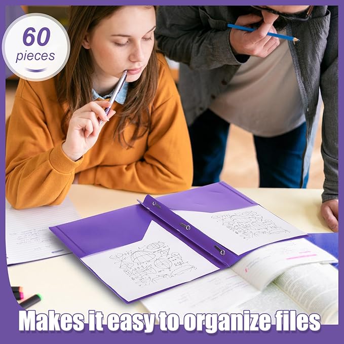 Yeaqee 60 Pcs Plastic Folders with Pockets and Prong Plastic Folders with 2 Pockets Pocket for Office, School for Students, Teachers, Office Workers (Purple)