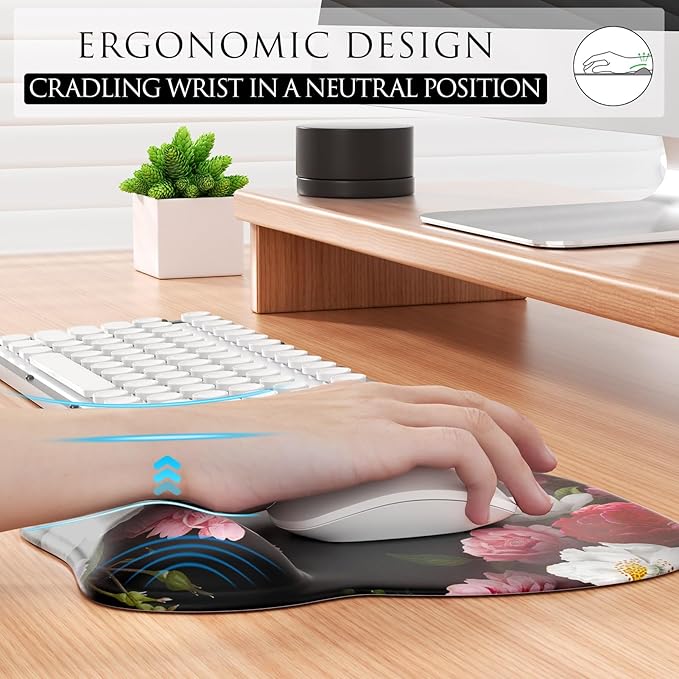 MROCO Ergonomic Mouse Pad with Wrist Support Gel Mouse Pad with Wrist Rest, Comfortable Computer Mouse Pad for Laptop, Pain Relief Mousepad for Office & Home, 9.4 x 8.1 in, Black Flower