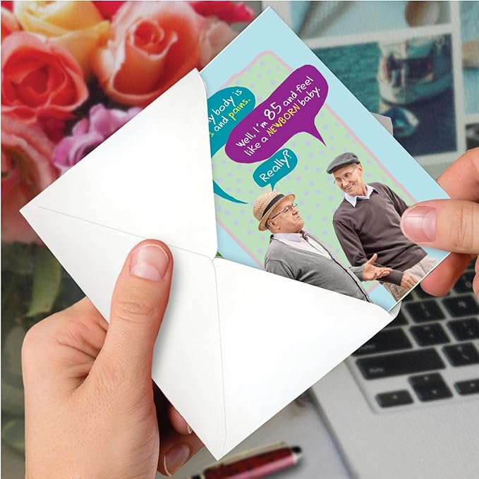 NobleWorks - 1 Funny Happy Birthday Greeting Card - Retro Old Man Humor, Notecard Talk Bubbles - Old Baby C7199BDG