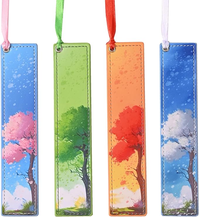 ZQZYMXQ 4Pcs Leather Cute Bookmarks for Women Girls, Aesthetic Pretty Bookmarks Four Season Tree Book Lover Gifts Teacher Gifts (Season Tree)