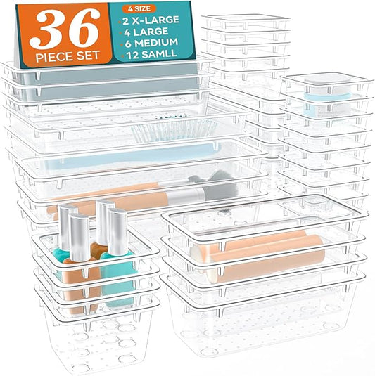 36 PCS Drawer Organizer Set, 4 Sizes Clear Plastic Makeup Vanity Organizer, Multi-Purpose Storage Bins for Makeup, Stationery, Gadgets, Transparent