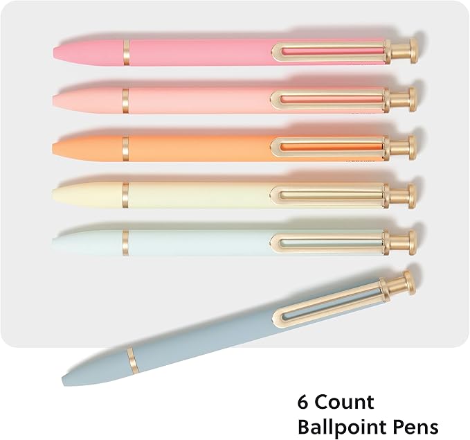 U Brands Monterey Ballpoint Pens, 6 Count, Bright Pastels, Soft Touch, Gold Details, Bold (1.0 mm) Point, Black Ink