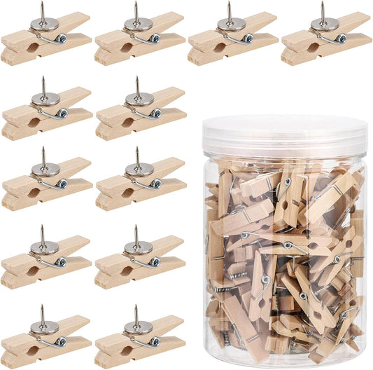 100Pcs Push Pin with Wooden Clips Tacks for Cork Board Artwork for Bulletin Board Crafts Arts Projects Photo Supplies(Wood Color)