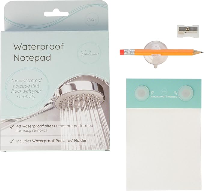 Halsa Waterproof Shower Notepad with Pencil, Sharpener & Suction Cups – 40 Sheets for Waterproof Writing – Capture Ideas in the Shower – Ideal for Bathroom, Office, or Travel