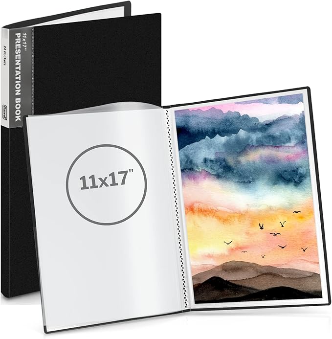 Dunwell 11x17 Portfolio Binder (Black), Presentation Binder with 24 Clear Plastic Sleeves, Large Art Portfolio Folder, Acid-Free Poly Cover and Sleeves