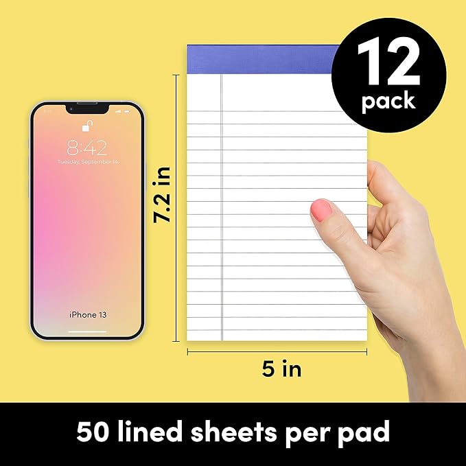 PAPERAGE Lined Legal Pads, (Rainbow), 12 Pack Note Pads, 50 Sheets Each, Wide/Legal Ruled, Note Pads, Paper, 5 inches x 8 inches