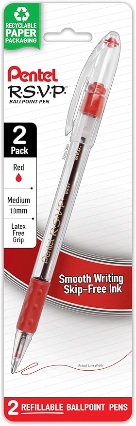 Pentel R.S.V.P. Ballpoint Pen, Medium Line, Red Ink, 2/Pack (BK91BP2B)