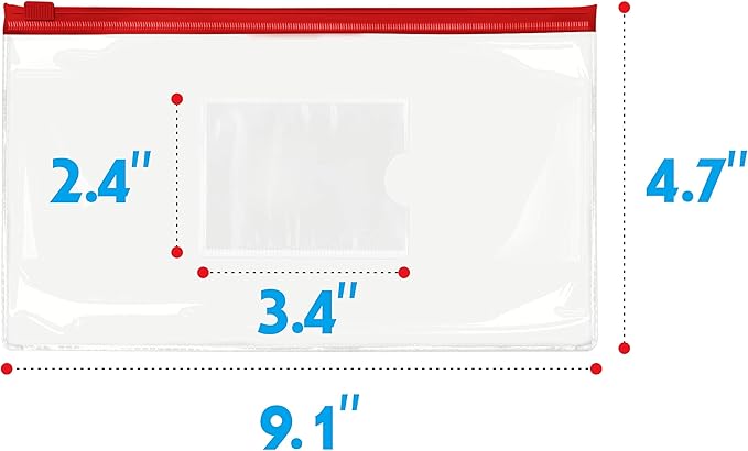 26 Clear Zip Envelope File Bill Document Bag Pocket Pencil Case with Tag Pocket, 5 Assorted Colors, 9.1” x 4.7”fit A6 Sheets