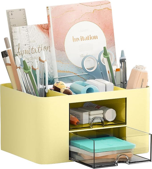 Marbrasse Pen Organizer with 2 Drawer, Multi-Functional Pencil Holder for Desk, Desk Organizers and Accessories with 5 Compartments + Drawer for Office Art Supplies (Yellow)