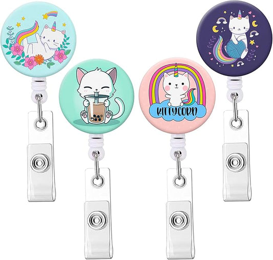 Retractable Badge Reel Clip, Badge Holder with Alligator Clip, Cute Badge Clip on ID Name Card Holders for Nurse Doctor and Office (4Pack Rainbow Cat)