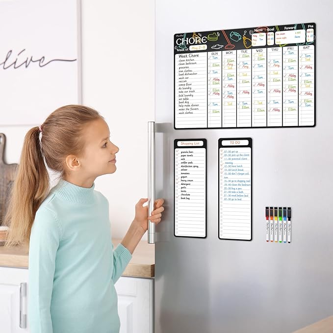 Magnetic Dry Erase Chore Chart - 17"x12" Dry Erase Chore Board for Kids, Teens, Adults - 4"x12" List Board 2 Pcs - 6 Extra Fine Point Markers Included - Shipped Flat