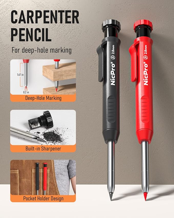 Nicpro 15 Pack Carpenter Pencil Set with Sharpener, Mechanical Carpenter Pencils with 40 Refill, Automatic Center Punch and Carbide Scribe Tool, Heavy Duty Construction Pencil for Architect-With Case