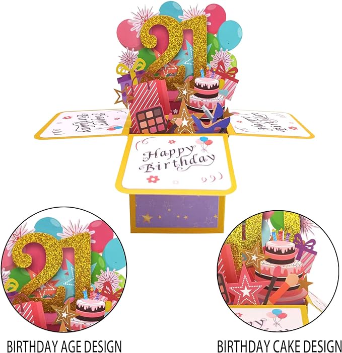 Asmallgf Shiny 21st Birthday Pop Up Card for Him Her, Beautiful Birthday Gifts for 21 Years Old Female Male, Sweet Twenty-one Bday 3D Card for Men Women, Unique 21 Birthday Gift Idea for Daughter Son