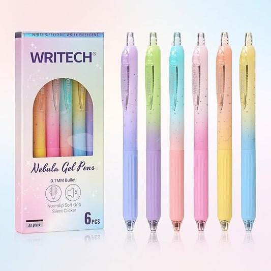 WRITECH Gel Pens Fine Point: 0.7mm Black Ink Retractable 6ct Smooth Writing with Aesthetic Gradient Color Barrel for Journaling Note Taking Silent Click No Smear Nebula Pen Set