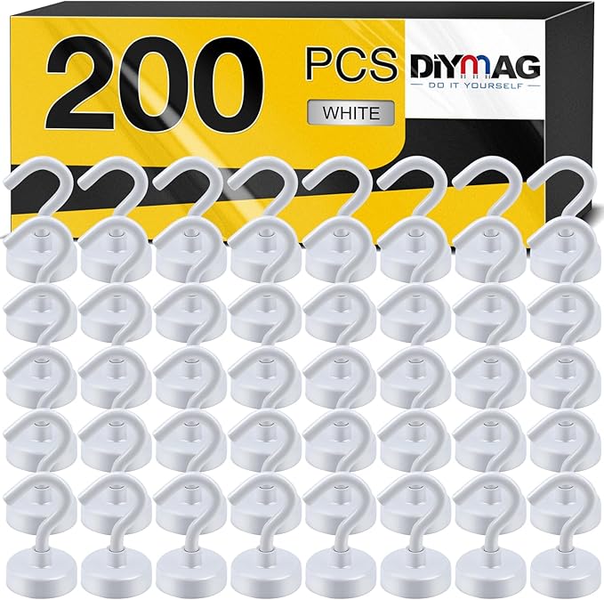 DIYMAG Magnetic Hooks, 25Lbs Strong Heavy Duty Cruise Magnet S-Hooks for Classroom, Fridge, Hanging, Cabins, Grill, Kitchen, Garage, Workplace and Office etc, (200Pack-White),Screw in Hooks