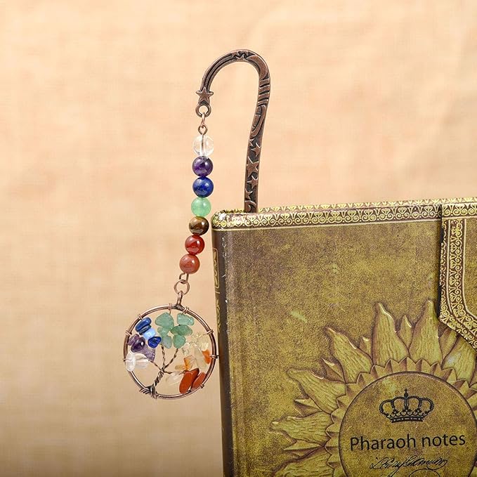 Jovivi Antique Copper Metal Bookmark Beading Bookmarks with Handmade 7 Chakra Healing Crystals Tree of Life Tumbled Gemstones and Round Beads