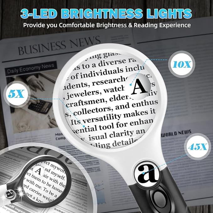Compact Magnifying Glass with Lights,45X 10X 5X Small Handheld Lighted Magnifier, 3 LED Light Magnifying Glass for Reading Small Prints & Low Vision Seniors B&W