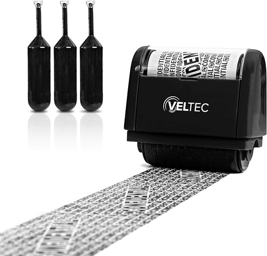 Veltec ID Protector Ink Roller - Identity Theft Protection Roller Stamp Set (Black, Stamp+3 Refills)