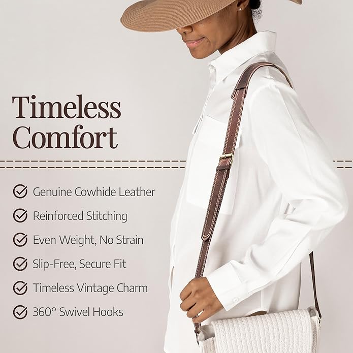 NJ Leatherworks Leather Bag Strap, Adjustable Replacement Shoulder Strap for Messenger, Duffel, Laptop, Camera Bags or Purses