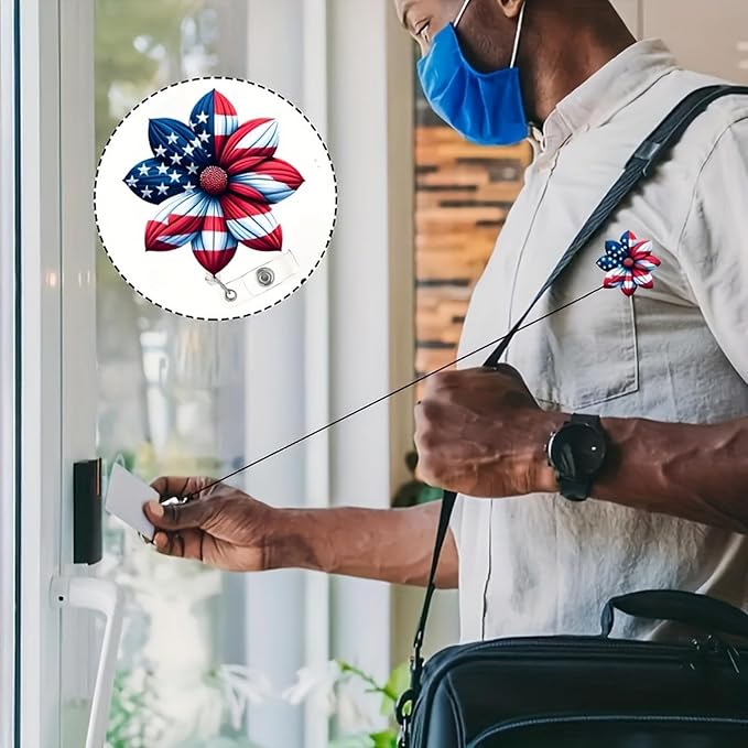 4th of July Flower Badge Holder Retractable with Acrylic Designs Nurse Badge Reel Blue Red Alligator Clip ID Card Patriotic Badge Clip for Teacher Student Independence Day Office Accessories