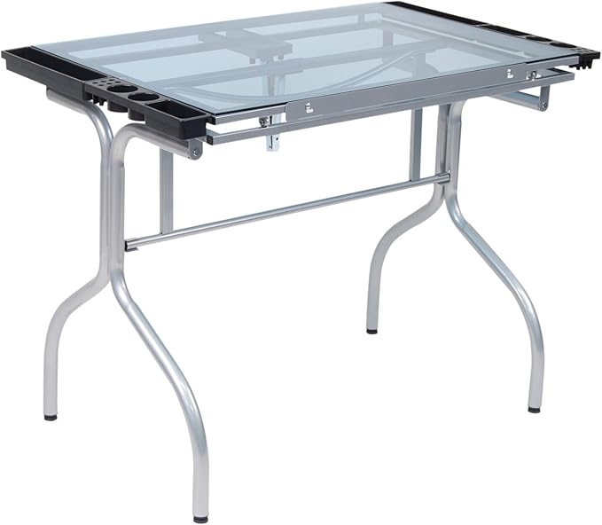 Studio Designs Folding Modern Glass Top Adjustable Drafting Table Craft Table Drawing Desk Hobby Table Writing Desk Studio Desk, 35.25" W x 23.75" D, Silver / Blue Glass