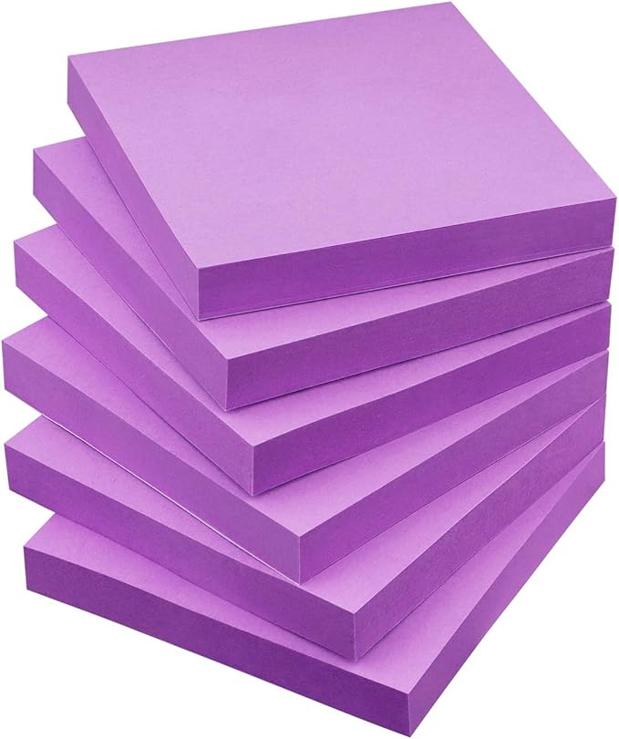 Sticky Notes 3x3 Self-Stick Notes Pads with 6 Bright Colors, Easy to Post for Office, Shool, Home, 6 Pads/Pack, 100 Sheets/Pad (Purple)