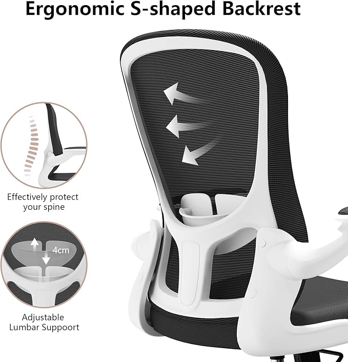 Ergonomic Office Chair, Comfort Swivel Home Office Task Chair, Breathable Mesh Desk Chair, Lumbar Support Computer Chair with Flip-up Arms and Adjustable Height