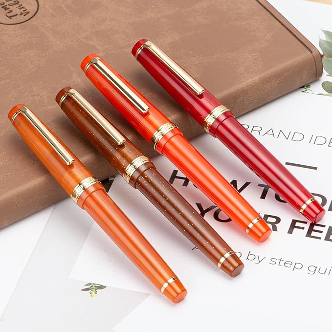 Jinhao 82 Acrylic Fountain Pen, Iridium Fine Nib with Ink Converter, Transparent Red Classic Design Smooth Writing Pen (Gold Trim)